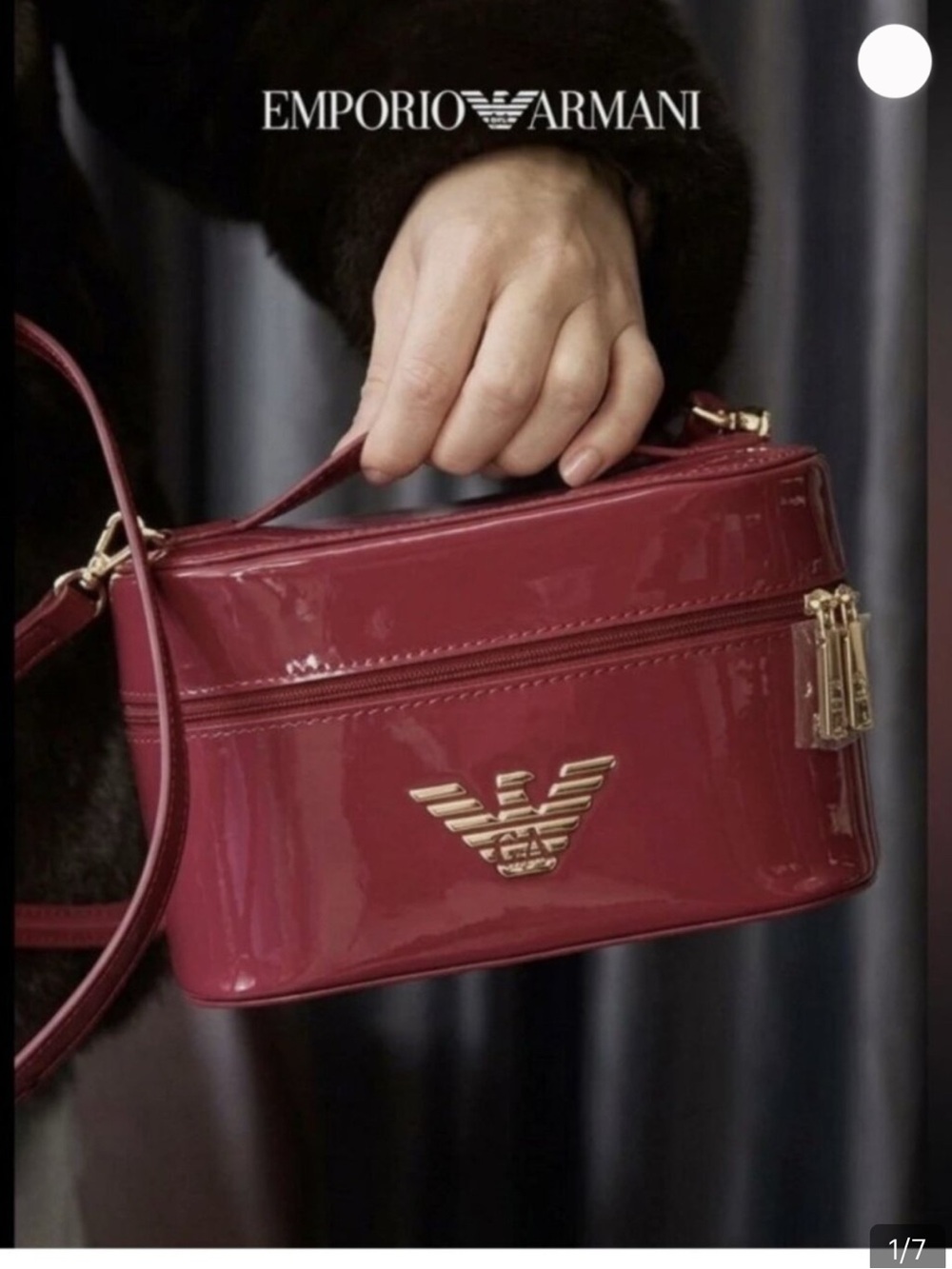 Emporio Armani Patent-Finish Hot Pink Cosmetic Train Case with Gold Logo Accent